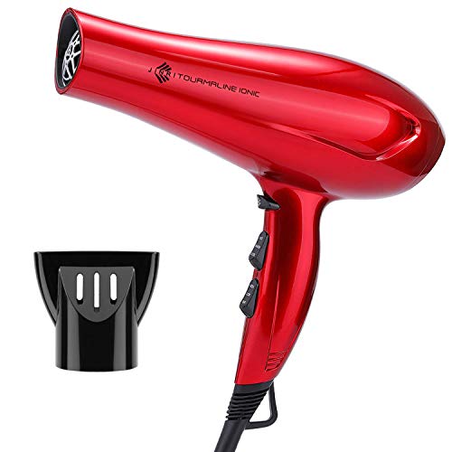 Professional Tourmaline Hair Dryer, Negative Ionic 1875W Blow Dryer with Concentrator, Lightweight Low Noise DC Motor Fast Dry Hair Blow Dryers - Red