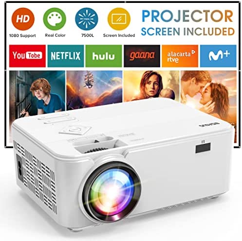 Outdoor Movie Projector with Screen - 7500L 1080P HD 200 Supported Home Theater Projector, BIGASUO Mini Video Projector for iPhone, Phone, Laptop, PC, DVD, PS4, HDMI ,USB Devices (White)