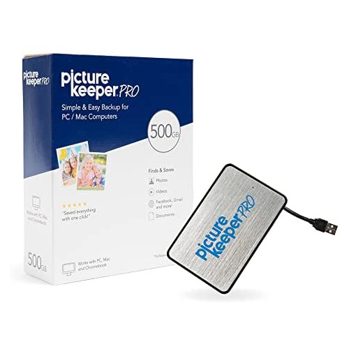 Smart USB Backup Drive 500GB - Picture Keeper PRO External Photo Video and File Backup Device for PC and MAC Laptops and Computers