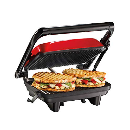 Hamilton Beach Electric Panini Press Grill with Locking Lid, Opens 180 Degrees for Any Sandwich Thickness, Nonstick 8 X 10 Grids, Red (25462Z)
