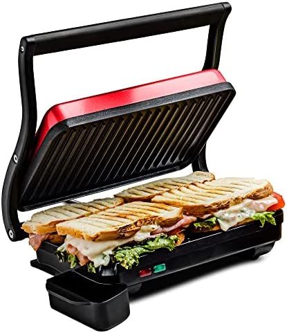 Ovente Electric Indoor Panini Press Grill with Non-Stick Double Flat Cooking Plate & Removable Drip Tray, Countertop Sandwich Maker Toaster Easy Storage & Clean Perfect for Breakfast, Red GP0620R