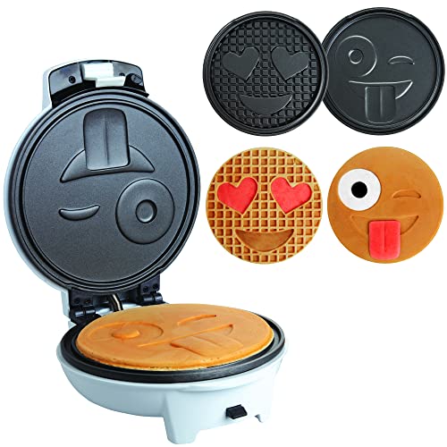 Smiley Face Waffler & Pancake Maker w 2 Interchangeable Plates for Pancakes or Waffles- 8 Electric Pan Cake Pan and Waffle Iron w/ Adjustable Temperature Control - Non-stick Electric Griddle with Easy to Clean Removable Plates, Fun Gift
