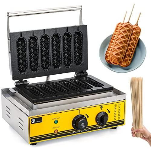 CGOLDENWALL Commercial Electric French Muffin Machine Non-Stick 6pcs Hot Dog Corn Shape Lolly Wafer Waffle Stick Makers Temperature Range 50-300 ℃ Timer 0-5 min