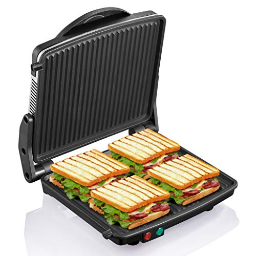 Panini Press Grill, Yabano Gourmet Sandwich Maker Non-Stick Coated Plates 11 x 9.8, Opens 180 Degrees to Fit Any Type or Size of Food, Stainless Steel Surface and Removable Drip Tray, 4 Slice