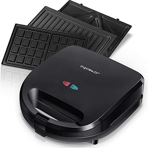 Aigostar Sandwich Maker 3 in 1, Waffle Make with Removable Plate, Electric Panini Press Grill, Sandwich Toaster with Detachable Non-stick Coating, LED Indicator Lights, Cool Touch Handle, Black