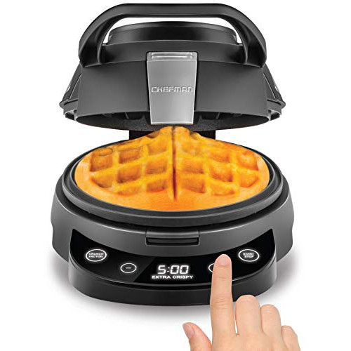 Chefman Perfect Pour Volcano Belgian Waffle Maker, Round Non-Stick & Anti-Leak Iron, Mess-Free Breakfast, Programmable Presets & Digital Touchscreen Display, Cleaning Tool & Measuring Cup Included