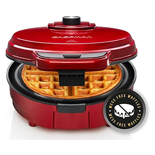 Chefman Anti-Overflow Belgian Waffle Maker wShade Selector Temperature Control Mess Free Moat Round WaffleIron wNonstick Plates & Cool Touch Handle Measuring Cup Included Black
