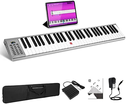 Vangoa Portable Piano Keyboard 61 Key, Slim Electric Piano with Touch-response Full-size Keys, Lightweight Aluminum Shell with Sustain Pedal, for Beginner Adults, Silver