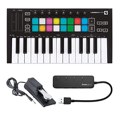 Novation Launchkey Mini MK3 25 Mini-Key MIDI Keyboard with Sustain Pedal and Knox 4 Port 3.0 USB Hub (3 Items)