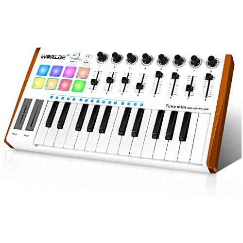 Worlde 25 Key USB Portable Tuna Mini MIDI Keyboard MIDI Controller with 8 Knobs, 8 Drum Pads, 8 Faders, Wood Imitation Rim, Pedal Interface, for Mac and PC