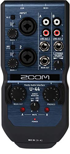 Zoom U-44 Handy Audio Interface, 4-Channel Portable USB Audio Interface, 2 XLR/TRS Combo Inputs, MIDI I/O, RCA Outputs, Compatible with Zoom Capsules