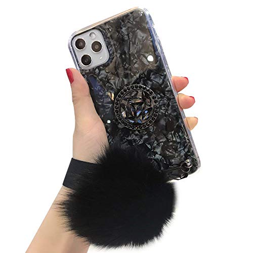 Case for iPhone 11 Pro Max 6.5 Inch,Lozeguyc iPhone 11 Pro Max Luxury Bling Shell Hard Back Raised TPU Edge Cover with unattached Rotating Ring Stand and Soft Furry Ball Strap for Girl Women-Black
