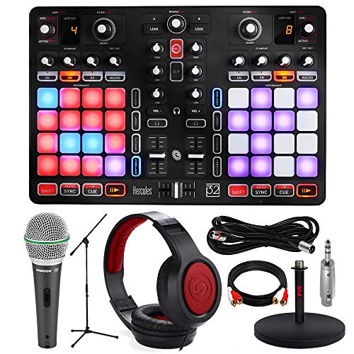 Hercules P32 DJ Controller with High-Performance Pads + Microphone + Headphones, & Deluxe Accessory Bundle