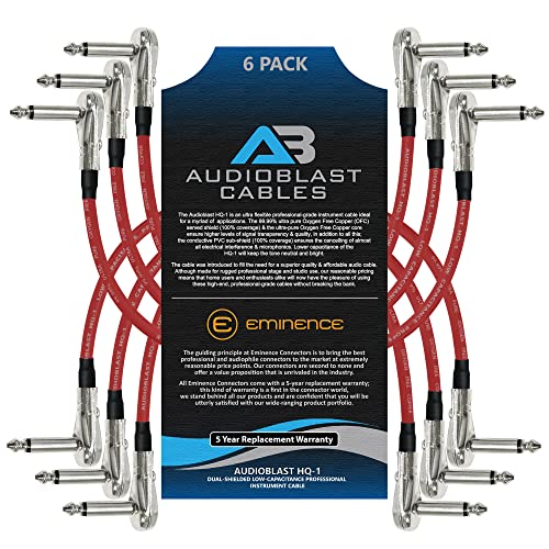 Audioblast - 6 Units - 6 Inch - HQ-1 Red - Ultra Flexible - Dual Shielded 100% - Instrument Effects Pedal Patch Cable w/ ¼ inch 6.35mm Low-Profile R/A Pancake TS Plugs & Dual Staggered Boots