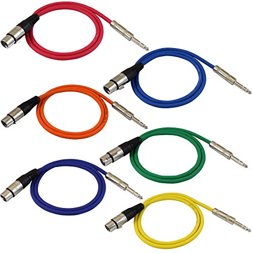 GLS Audio 6ft Patch Cable Cords - XLR Female To 1/4" TRS Color Cables - 6 Balanced Snake Cord - 6 PACK