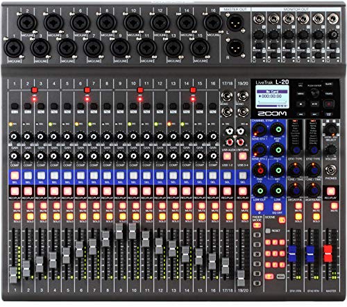 Zoom LiveTrak L-20 Digital Mixer & Multitrack Recorder 20-Input/ 22-Channel SD Card Recorder 22-in/4-out USB Audio Interface 6 Customizable Outputs Wireless iOS Control