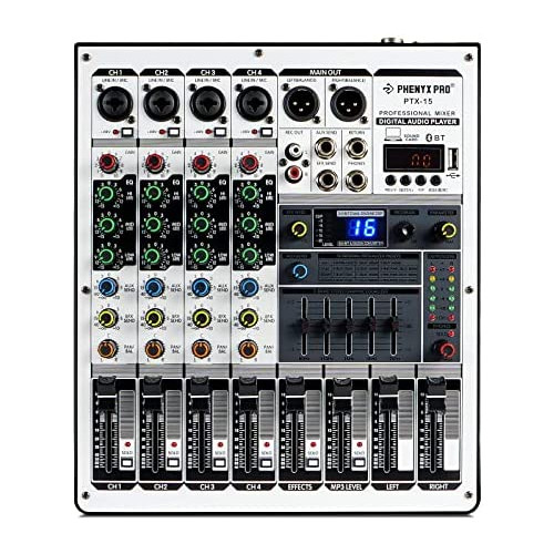 Professional DJ Mixer, Phenyx Pro Sound Mixer w/ USB Audio Interface, 4-Channel Sound board Audio Mixer w/ Stereo Equalizer, 16 DSP Effects, Ideal for Stage, Live Gigs, and Karaoke (PTX-15)