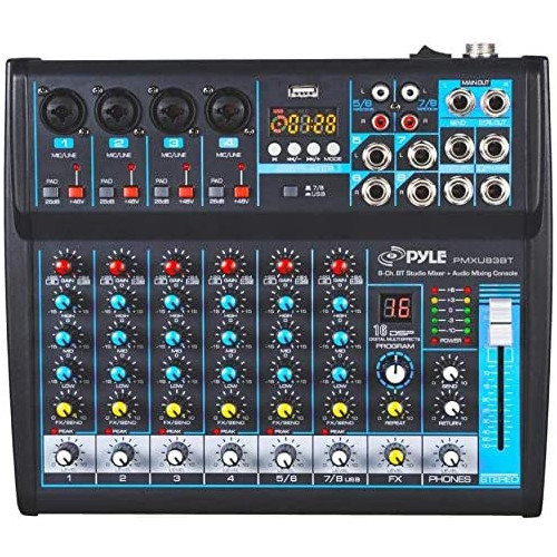 6-Channel Bluetooth Studio Audio Mixer - DJ Sound Controller Interface with USB Drive for PC Recording Input XLR Microphone Jack 48V Power Input/Output for Professional and Beginners - PMXU67BT