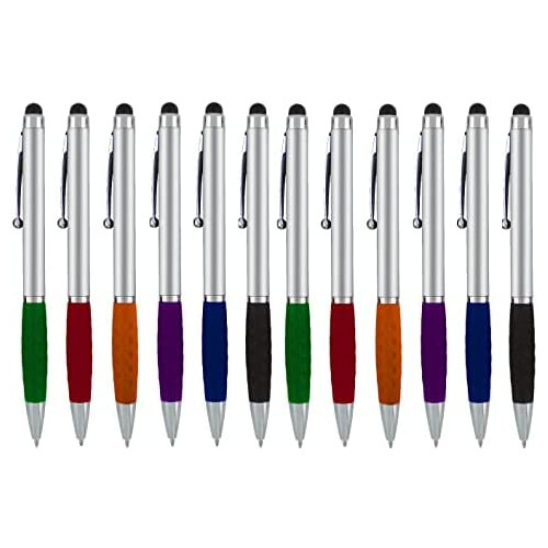 Stylus Pens -2 in1 Capactive Touch Screen with Ballpoint Writing Pen Sensitive Stylus Tip For Your iPad iPhone Samsung Galaxy & All Smart Devices -Silver Barrel - Assorted Colors Comfy Grips, 12 Pack
