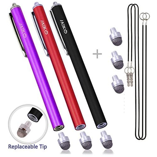 MEKO [0.3-inch Hybrid Tip Series 3 Packs Replaceable Micro-Fiber Tip Stylus Capacitive Touch Screen Pens with Extra 3 Replacement Tips - (Black/Red/Purple)
