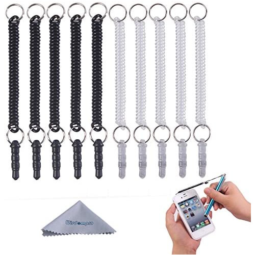 Stylus Tether Wisdompro 10 Pack of Detachable Elastic Coil Tether Strings / Lanyards with 3.5mm earphone jack for Stylus Pens