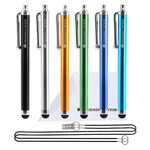 Capacitive Touch Screen Stylus Pens 4.5, 6-Pack - Including 2 x 15 Lanyards and Screen Cleaning Cloth by The Friendly Swede (Red, Purple, Pink, Light Blue, Dark Blue, Green)