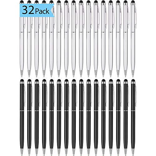 Outus 32 Pieces Stylus Pen for Touch Screens, 2 in 1 Universal Ballpoint Fine Tip Stylus Metal Pens, Black Ink, for Most Capacitive Touch-Screen Phone Tablet (Black, Sliver)