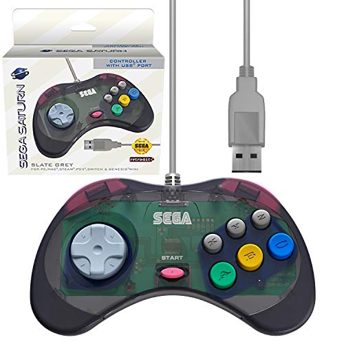Retro-Bit Official Sega Saturn USB Controller Pad Model 2 for Sega Genesis Mini PS3 PC Mac Steam Nintendo Switch - USB Port - Slate Grey