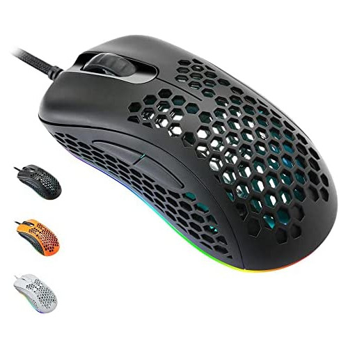 EQEOVGA D10 RGB Lightweight Gaming Mouse 3325 Optical Sensor 10000 DPI 65g Ultra Lightweight Honeycomb Shell Ambidextrous Wired Gaming Mouse 7 Buttons Programmable Driver (Black)