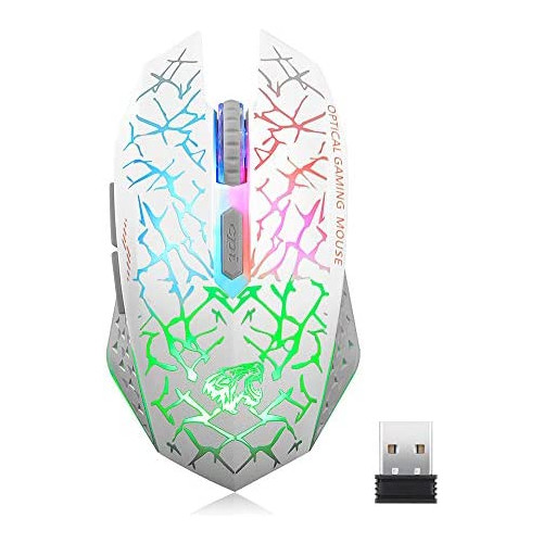 Q8 Wireless Gaming Computer Mouse, 2.4GHz USB Optical Rechargeable Ergonomic LED Wireless Silent Mouse, 3 Adjustable DPI, 6 Buttons, Compatible with PC, Laptop, Notebook, Desktop (White)