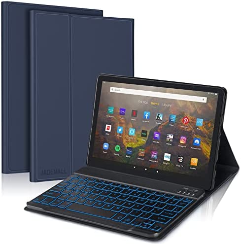 Keyboard Case for Kindle Fire HD 10/HD 10 Plus Tablet (11th Generation, 2021) 10.1 u2013 7 Colors Backlight Detachable Wireless Keyboard u2013 JADEMALL Folio Smart Cover for HD 10/10 Plus 2021 u2013 Dark Blue