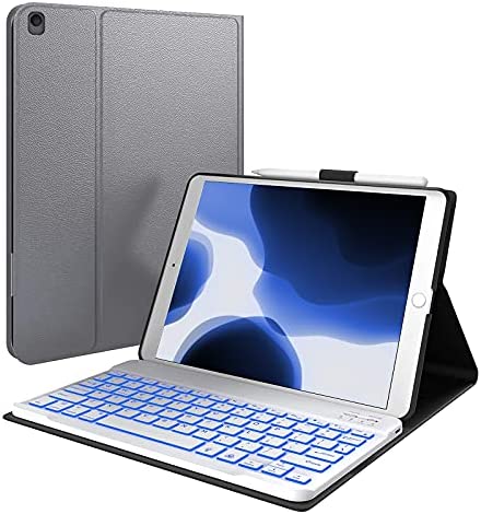 iPad 9th Generation Case with Keyboard, Slim Leather Folio Smart Cover for iPad 2021 9th & 8th & 7th & Air 3rd Gen 7 Color Backlit Keyboard with Pencil Holder, iPad 10.2 2021 & Air 10.5 Compatible