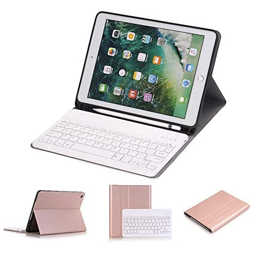 iPad 9.7 inch 2018&2017 Keyboard Case, Slim Folio Cover Removable Detachable Wireless Bluetooth Keyboard with Apple Pencil Holder for iPad Air/Air 2/ iPad 6th / 5th Gen (Rose Gold)