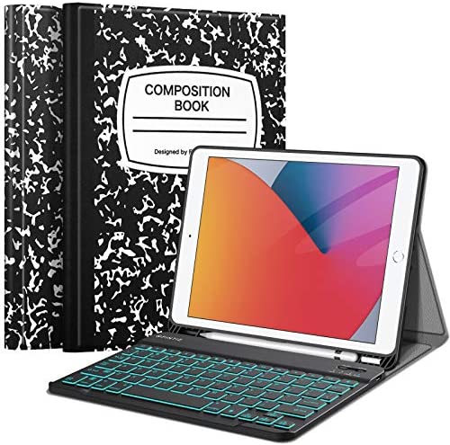 Fintie Keyboard Case for iPad 9th / 8th / 7th Generation (2021/2020/2019) 10.2 Inch, Soft TPU Back Cover with Magnetically Detachable Bluetooth Keyboard & Pencil Holder, 7 Color Backlight, Black