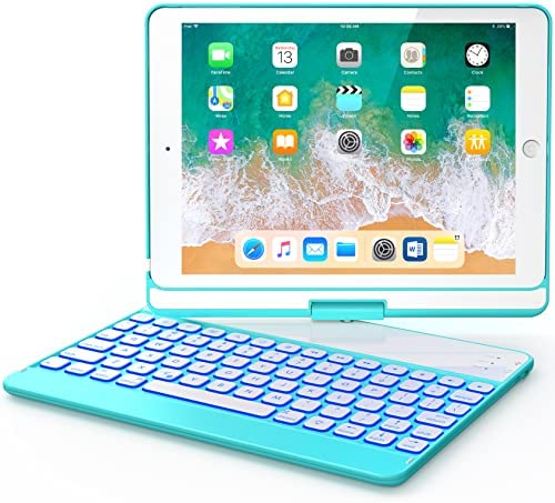 iPad Keyboard Case 9.7 for iPad 2018 (6th Gen) - 2017 (5th Gen) - iPad Pro 9.7 - iPad Air 2 & 1, 7 Color Backlit Keyboard Case/360 Rotate Wireless/BT Keyboard Case with Auto Sleep/Wake, Tiffany Blue