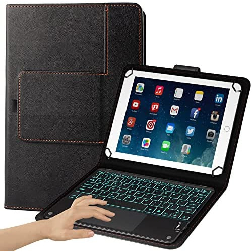 Eoso TouchPad Keyboard case for 9, 10,10.1,10.5 Tablets,2-in-1 Bluetooth Wireless Keyboard with Touchpad,7 Colors Backlit & Leather Folio Cover(Black)