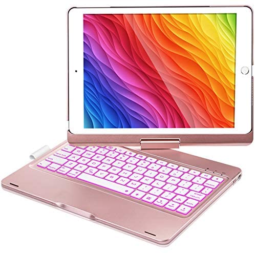 New iPad 9th Generation Case with Keyboard, 360 Rotatable Backlit Keyboard with Pencil Holder for 10.2 inch iPad 9th Gen 2021/ 8th Gen 2020/ 7th Gen 2019 and iPad Air 3 / iPad Pro 10.5 inch-Rose Gold