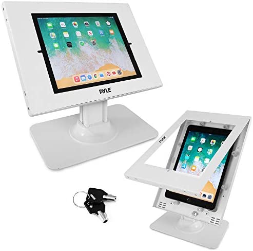 Anti Theft Tablet Security Stand - Table Mount Desktop Ipad Kiosk Stand w/ Lock and Key Mechanism, 90° Rotate 75° Tilt - iPad, iPad Air, iPad Pro, Samsung Galaxy Tab A (2022) - Pyle PSPADLK18 , White
