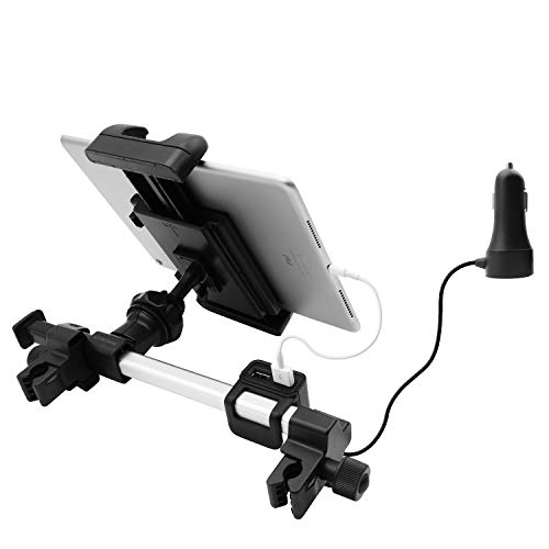 태블릿거치대 Macally Car Tablet Headrest Mount Holder with USB Car Hub Charging & Cigarette Lighter Power Adapter for Front & Back Seat - Universal Fit for All iPad Tablets Nintendo Switch iPhone Samsung etc