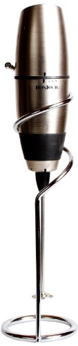BonJour Battery-Powered Cafe Latte Frother with Stand, Chrome/Black