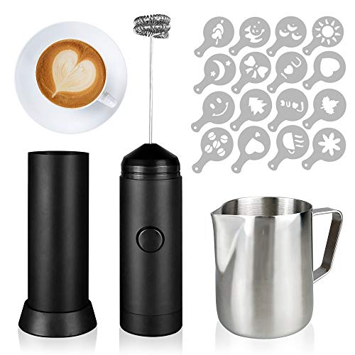 LianXH Electric Handheld Mini Milk Frother, Perfect Foam Maker for Coffee, Lattes, Cappuccino, Hot Chocolate, Whisk Drinks, include a Pitcher and Pack of 16 Coffee Pull Printings