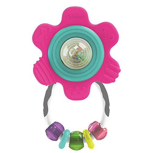Infantino Spin & Teethe Gummy Pink Flower Rattle - Easy to Grab, Chewy Rings, Multi-Texutre Petals, Roller Ball Center - Teething & Sensory Play, Ages 0 Months +