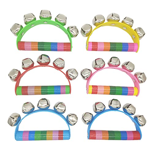 6 Pcs Vivid Color Rainbow Handle Wooden Bells Jingle Stick Shaker Rattle Baby Kids Children Musical Toys