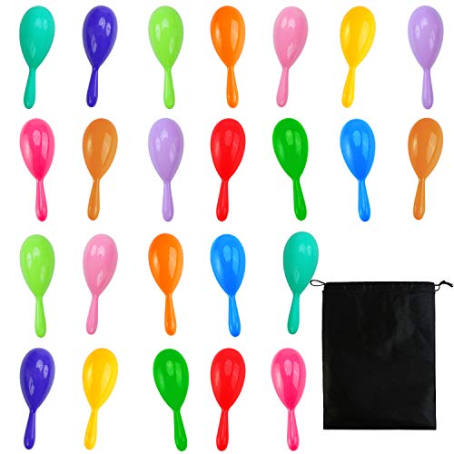 Resinta 24 Pieces Neon Maracas Shakers 12 Colors Mini Noisemaker Bulk Colorful Noise Maker with Drawstring Bag for Mexican Fiesta Party Favors Classroom Musical Instrument, 4 Inch