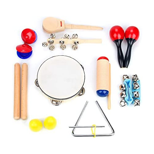 Boxiki kids Musical Instruments Set of 16 PCS Rhythm & Musical Toys for Toddlers 1-3 Years Old. Includes Clave Sticks, Shakers, Tambourine, Wrist Bells & Maracas for Kids.