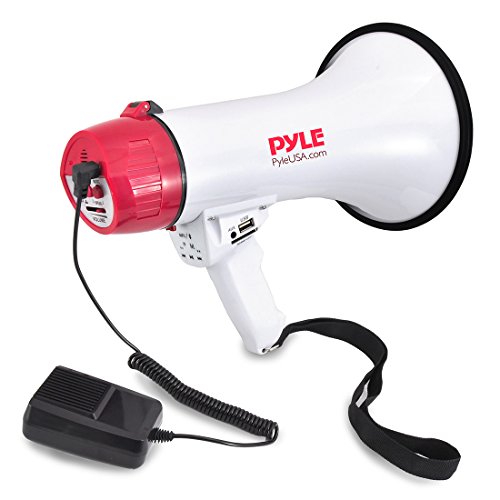Pyle Bluetooth Bullhorn PA Megaphone - iPhone Megaphone Speaker with Wired Microphone, Siren Alarm Mode, MP3/USB/SD Readers - PMP42BT_0, Red/White