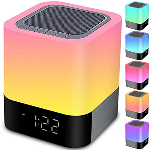 Bluetooth Speaker Night Lights, 5 in 1 Bedside Lamp with Bluetooth Speaker, 12/24H Digital Calendar Alarm Clock, Touch Control & 4000mAh Battery, Support TF and SD Card, Music Player, Room Decor.