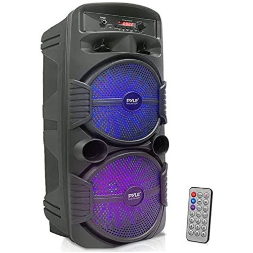 Pyle Portable Bluetooth PA Speaker System - 600W Rechargeable Outdoor Bluetooth Speaker Portable PA System w/ Dual 8u201D Subwoofer 1u201D Tweeter, Microphone In, Party Lights, USB, Radio, Remote - PPHP2835B