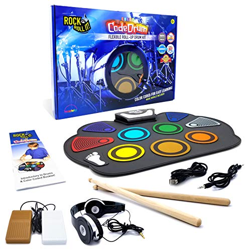 MUKIKIM Rock and Roll It u2013 CodeDrum. Roll Up Portable Drum Set for Kids & Adults. Electronic Silicone Rainbow Drum Pad | Headphones | Pedals | Drum Sticks | Play-by-Color Rhythm Booklet Included