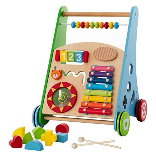 KIDDERY TOYS Baby Toys u2013 Kidsu2019 Activity Toy u2013 Wooden Push and Pull Learning Walker for Boys and Girls u2013 Multiple Activities Center u2013 Assembly Required u2013 Develops Motor Skills & Stimulates Creativity